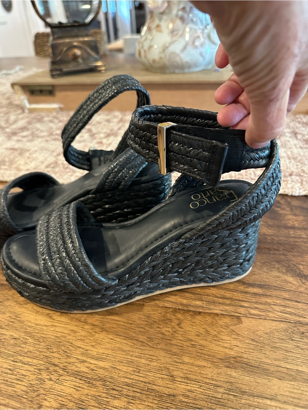 Franco Sarto Black Woven Wedge Sandals Velcro Ankle Strap Size 7